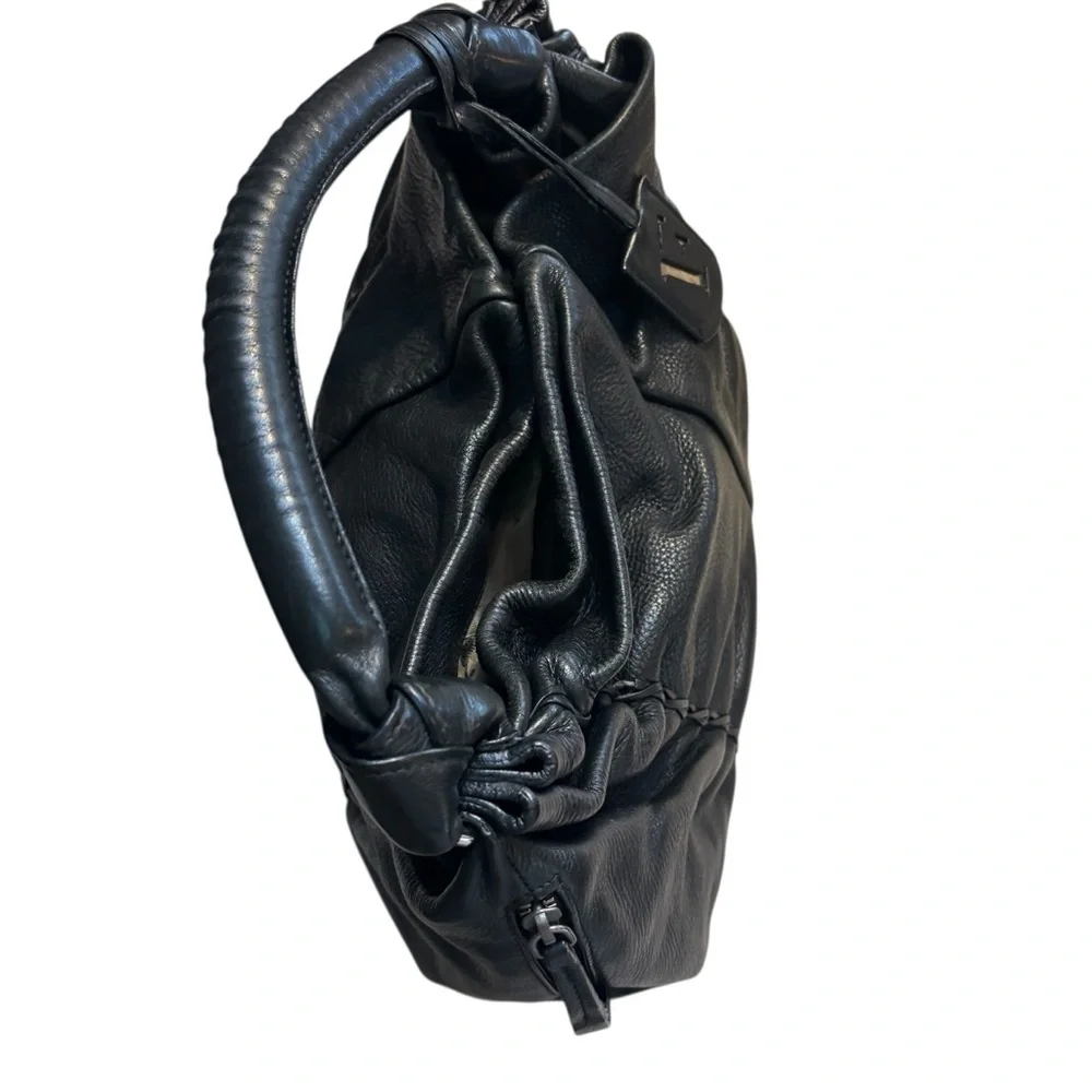 Vintage Furla REHAB Bag Black Leather Hobo Bag braided Trim magnetic snap close